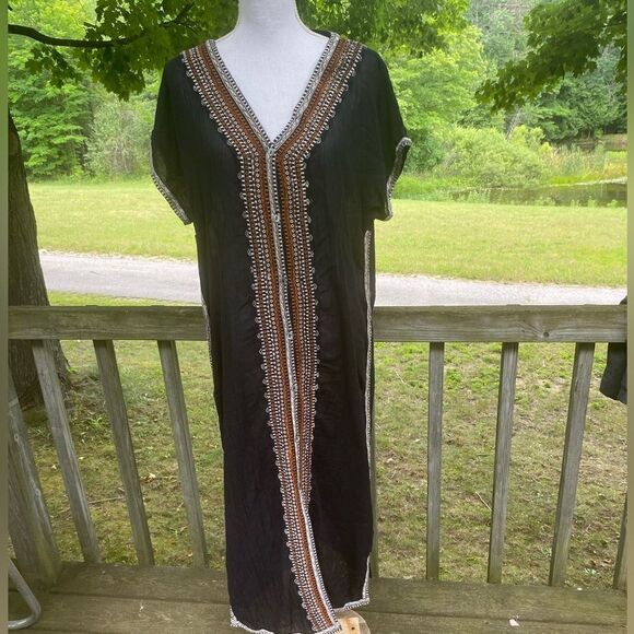 Garnet Hill Womens Black Orange Embroidered V-neck Caftan Medium - Picture 1 of 7